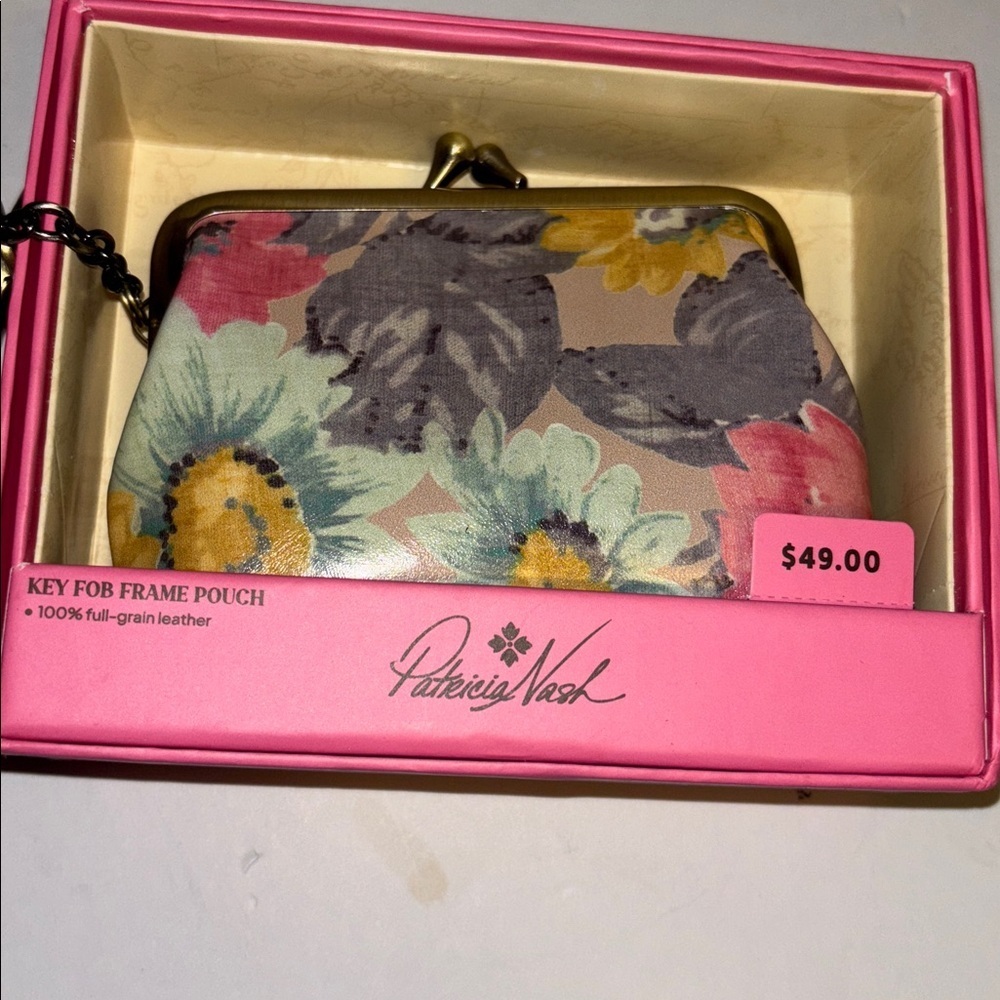 PATRICIA NASH MULTICOLOR FLORAL FRAME POUCH WITH KEY RINGS GENUINE LEATHER NEW - Picture 4 of 14